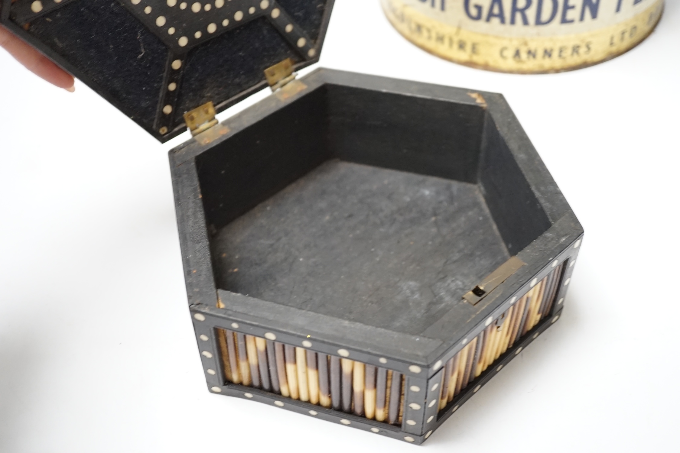 A Ceylonese porcupine quill box and a large adverting tin for Lin-Can Fresh Garden Peas, tin 37cm high